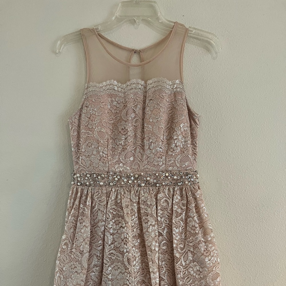 Cocktail dress. Champagne color. Lace has silver hi-lites. Pearl & Sequin trim.